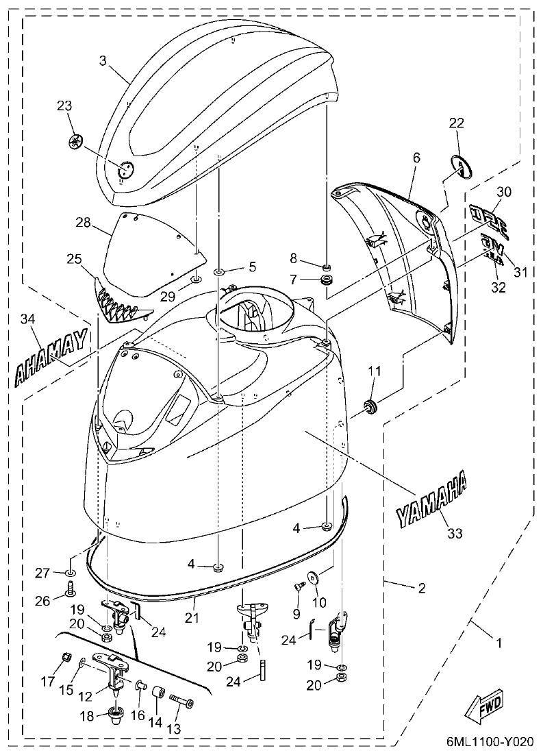Yamaha F350BST, FL350BST TOP COWLING parts diagram